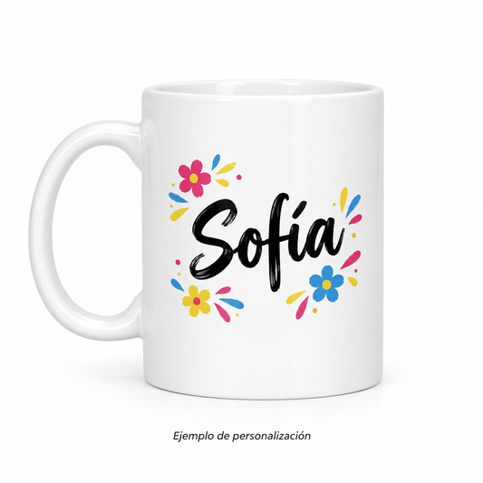 Taza blanca personalizada con el nombre Sofía