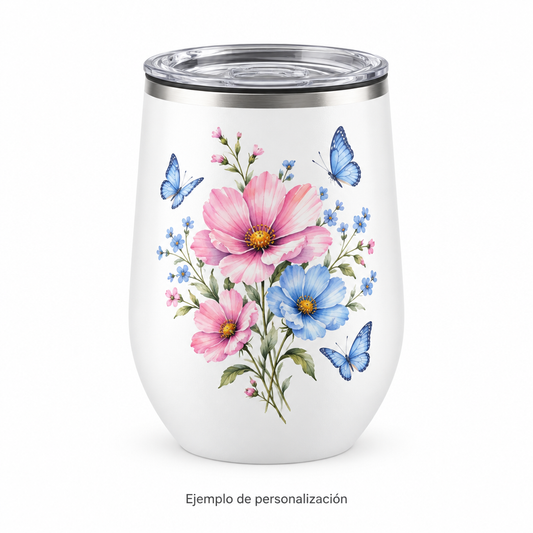 Vaso de vino personalizado con flores y mariposas